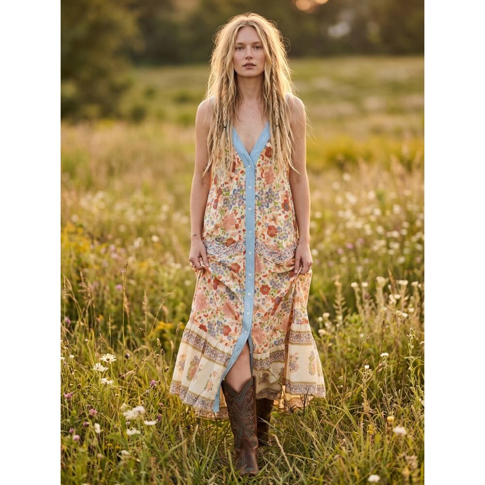 Free People Retro 70s Bohemian Block Print Snap Front Kelso Maxi Dress Large